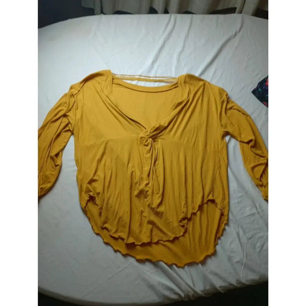 Free‎ People Blouse Top Yellow Cross Open Back Long sleeve Light Weight Rib XS